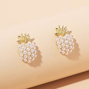 Cute Gold & Pearl Pineapple Fruit Tropical Vacation Stud Earrings